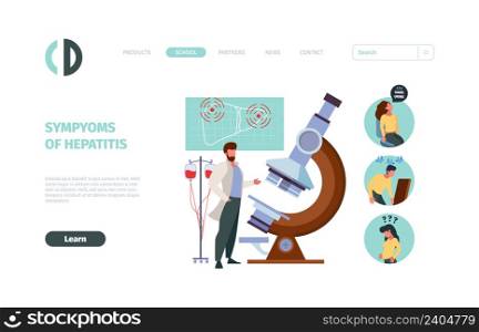 Medical landing. Hepatitis symptoms problems with liver garish vector template of web pages health diagnosis. Illustration of organ disease and diagnosis hepatitis. Medical landing. Hepatitis symptoms problems with liver garish vector template of web pages health diagnosis