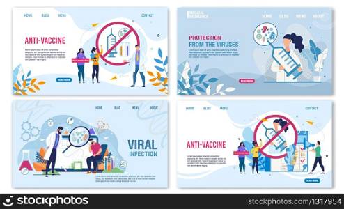 Medical Landing Page Flat Set for Online Service. Anti-Vaccine Protest Design. Viral Infection Protection by Immunization Layout. People and Doctors. Treatment and Healthcare. Vector Illustration. Medical Landing Page Flat Set for Online Service