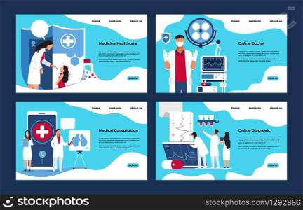 Medical landing page. Pharmacy laboratory diagnosis and treatment concept with people cartoon characters. Vector illustration webpage mockup like electronics concept health. Medical landing page. Pharmacy laboratory diagnosis and treatment concept with people cartoon characters. Vector webpage mockup