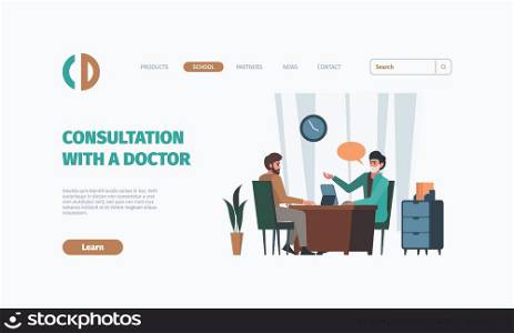 Medical landing. Web pages template for doctor talking people medical consulting garish vector with place for text. Illustration of medical psychiatrist, diagnostic professional. Medical landing. Web pages template for doctor talking people medical consulting garish vector with place for text
