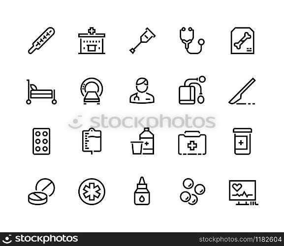 Medical line icons. Healthcare and insurance, prescription and different pills, pharmacy drugs symbols. Vector illustration clinic equipment or service ambulance set. Medical line icons. Healthcare and insurance, prescription and different pills, pharmacy drugs symbols. Vector clinic equipment set