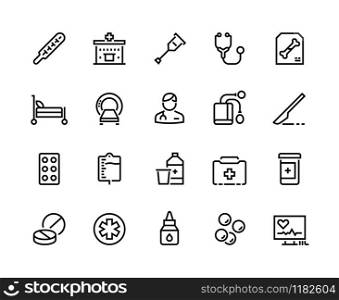 Medical line icons. Healthcare and insurance, prescription and different pills, pharmacy drugs symbols. Vector illustration clinic equipment or service ambulance set. Medical line icons. Healthcare and insurance, prescription and different pills, pharmacy drugs symbols. Vector clinic equipment set