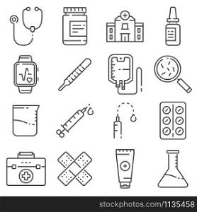 Medical line icons on white background. Hospital, thermometer, box, cream, pills, vitamins syringe and more. Medical line icons set on white background