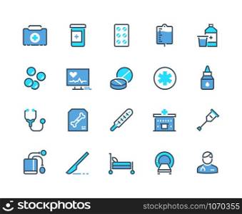 Medical line icons. Pharmacy prescription and medicine drugs symbols, hospital cares doctor cares and treatment outline icons. Vector set clinic care icon patient after an emergency. Medical line icons. Pharmacy prescription and medicine drugs symbols, hospital doctor and treatment outline icons. Vector set