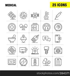 Medical Line Icons Set For Infographics, Mobile UX/UI Kit And Print Design. Include: Computer, Beat, Pulse, Medical, Drug, Medical, Pills, Bone, Icon Set - Vector