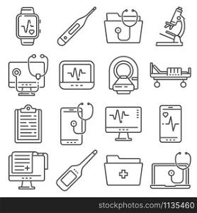 Medical line icons set on white background. Digital thermometer, microscope, mrt, report and more