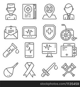 Medical line icons set on white background. Doctor, nurse, wheelchair, crutches, monitor, pulse and more. Medical line icons set on white background