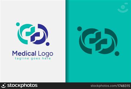 Medical Logo Design with Abstract Minimalist Two People as a Sign of Care and Medical Cross Symbol Combination Concept.