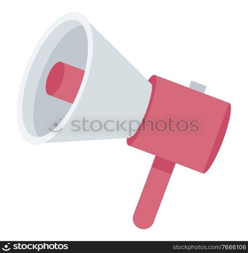 Medical loudspeaker in red color, announcement equipment in flat design style. Spread of information in hospital, clinic bullhorn, attention vector. Loudspeaker Medical Spread of Information Vector