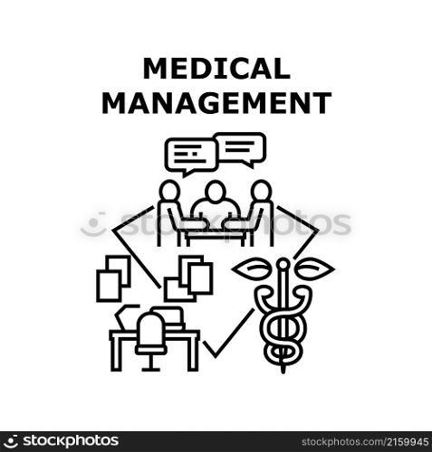 Medical management doctor health. hospital care. medicine patient. clinic computer. information diagnosis vector concept black illustration. Medical management icon vector illustration