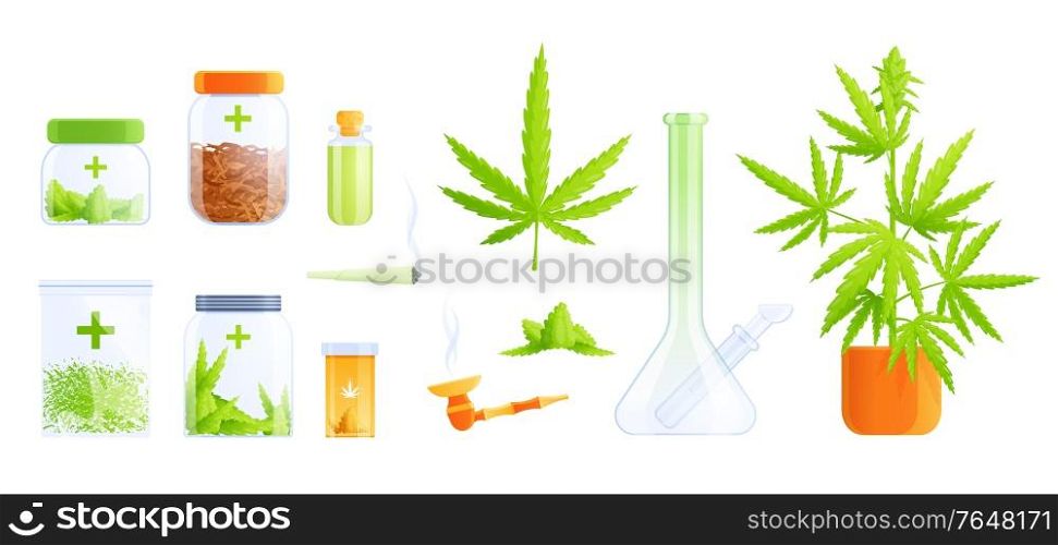 Medical marijuana cannabis drugs flat set with isolated images of zip locks jars and plant leaves vector illustration