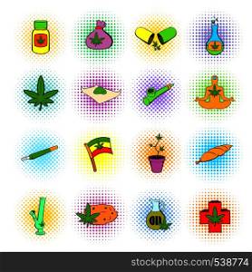 Medical marijuana icons in comics style on a white background . Medical marijuana icons, comics style