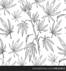 Medical marijuana or drugs seamless pattern. Monochrome sketch outline of leaves of cannabis, illegal plant with chemical elements. Hashish with cannabinoids, herbal medicine, vector in flat. Cannabis plant, alternative medicine monochrome sketch seamless pattern