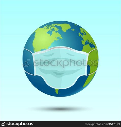 Medical mask on planet earth, disease or pollution concept, vector illustration