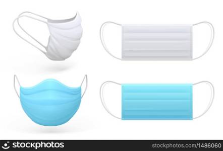 Medical mask. Realistic virus and disease disposable protective mask, flu infection and air pollution precaution. Vector illustrated isolated set of face blue breath mask on white background. Medical mask. Realistic virus and disease disposable protective mask, flu infection and air pollution precaution. Vector isolated set of breath mask