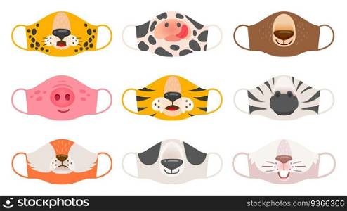 Medical mask with animals faces. Tiger, pig and zebra, bear and rabbit, fox and cow kids covid-19 protective masks vector set. Face animal protection mask against coronavirus illustration. Medical mask with animals faces. Tiger, pig and zebra, bear and rabbit, fox and cow kids covid-19 protective masks print vector set