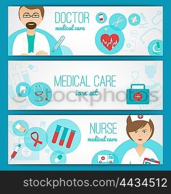 Medical . Medical doctor and nurse with first aid kit and healthcare symbols icons banners set abstract vector illustration