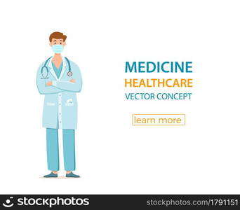 Medical men in face protection mask cartoon characters vector illustration. Doctor professional guy for fighting the coronavirus. Stop the covid-19 healthcare concept with hospital worker.. Medical people in face protection mask cartoon characters vector illustration