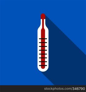 Medical mercury thermometer icon in flat style on a blue background. Medical mercury thermometer icon, flat style