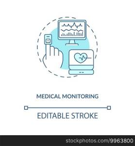 Medical monitoring concept icon. CPS application idea thin line illustration. Pulse rate, blood pressure measuring. Avoiding serious problem. Vector isolated outline RGB color drawing. Editable stroke. Medical monitoring concept icon