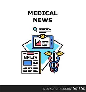 Medical News Vector Icon Concept. Medical News Of Modern Innovation Technology, Pills Development And Disease Discovery. Medicine Newspaper And Digital Internet Article Color Illustration. Medical News Vector Concept Color Illustration