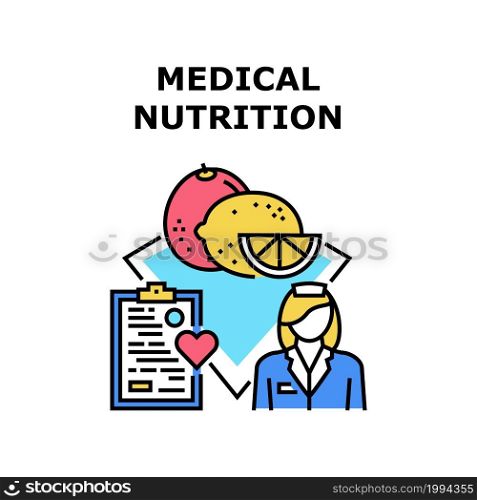 Medical Nutrition Diet Vector Icon Concept. Lemon, Orange And Grapefruit Citrus Dietary Medical Nutrition, Eating Healthcare Food Advicing Doctor For Patient. Healthy Nourishment Color Illustration. Medical Nutrition Diet Concept Color Illustration