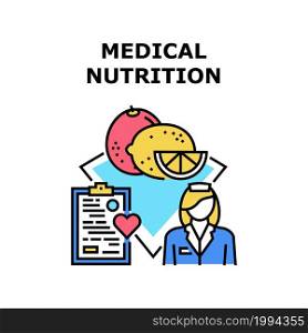 Medical Nutrition Diet Vector Icon Concept. Lemon, Orange And Grapefruit Citrus Dietary Medical Nutrition, Eating Healthcare Food Advicing Doctor For Patient. Healthy Nourishment Color Illustration. Medical Nutrition Diet Concept Color Illustration