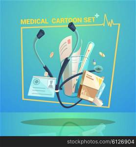 Medical Object Set. Medical objects set with thermometer pills and stethoscope cartoon vector illustration