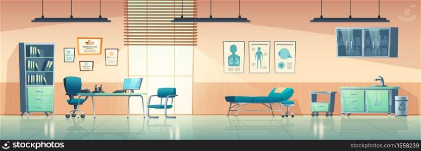 Medical office interior, empty clinic room with doctor stuff, hospital with couch, chair and washbasin, locker for medicine, table, computer and medical aid banners on wall cartoon vector illustration. Medical office interior, empty clinic doctor room