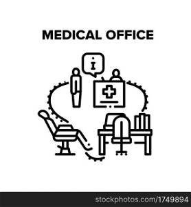 Medical Office Vector Icon Concept. Medical Office For Examination And Treatment Illness Patient, Stomatology And Gynecology Chair, Reception And Doctor Workplace Table Black Illustration. Medical Office Vector Black Illustrations