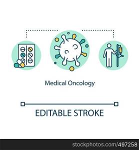 Medical oncology concept icon. Cancer treatment idea thin line illustration. Chemotherapy. Targeted therapy. Immunotherapy. Vector isolated outline RGB color drawing. Editable stroke