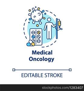 Medical oncology concept icon. Hospital virus therapy. Medication of tumor disease. Cancer treatment idea thin line illustration. Vector isolated outline RGB color drawing. Editable stroke