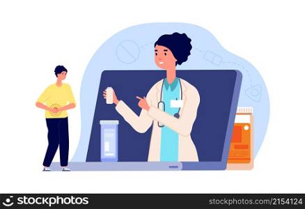 Medical online consultation. Doctor or pharmacist, man with abdominal pain need drugs. Web pharmacy vector concept. Illustration of medical doctor online service and consultation. Medical online consultation. Doctor or pharmacist, man with abdominal pain need drugs. Web pharmacy vector concept