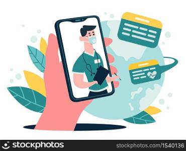 Medical online consultation. Therapist advice chat on smartphone screen, online medical internet clinic assistance service, vector illustration. Consultation medicine online, medical doctor. Medical online consultation. Therapist advice chat on smartphone screen, online medical internet clinic assistance service, vector illustration