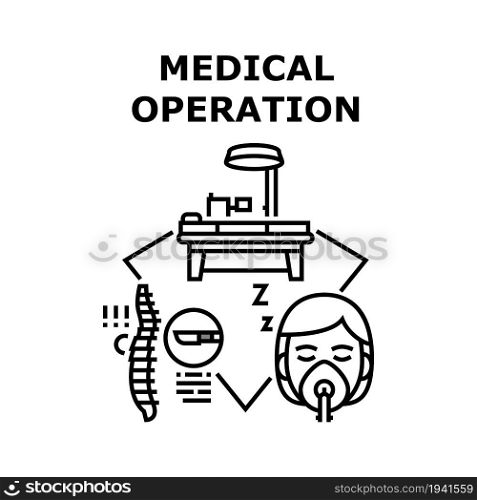 Medical Operation Treat Vector Icon Concept. Patient With Anesthesia On Medical Operation Treat In Hospital Surgical Room For Remove Herniated Disc. Surgery Care Black Illustration. Medical Operation Treat Concept Color Illustration