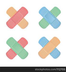 Medical Patch Vector.. Medical Patch Vector. First Aid Band Plaster Strip Medical Patch Icon Set. Two Sides. Different Plasters Types. Realistic Illustration Isolated On White