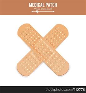 Medical Patch Vector. Two Sides. Adhesive Waterproof Aid Band Plaster Strips Varieties Icons Collection. Realistic Illustration Isolated On White Background. Medical Patch Vector. Two Sides. Adhesive Waterproof Aid Band Plaster Strips Varieties Icons Collection. Realistic Illustration Isolated On White