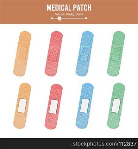 Medical Patch Vector. Two Sides. Adhesive Waterproof Aid Band Plaster Strips Varieties Icons Collection. Realistic Illustration Isolated On White Background. Medical Patch Vector. Two Sides. Adhesive Waterproof Aid Band Plaster Strips Varieties Icons Collection. Realistic Illustration Isolated On White