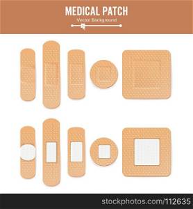Medical Patch Vector. Two Sides.. Medical Patch Vector. Two Sides. Adhesive Waterproof Aid Band Plaster Strips Varieties Icons Collection. Realistic Illustration Isolated On White