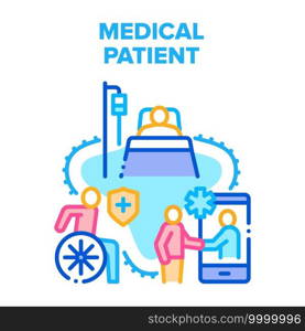 Medical Patient Vector Icon Concept. Invalid Disabled Human Riding Wheelchair, Patient Lying On Hospital Bed And Treatment Disease. Online Communication And Examination With Doctor Color Illustration. Medical Patient Vector Concept Color Illustration