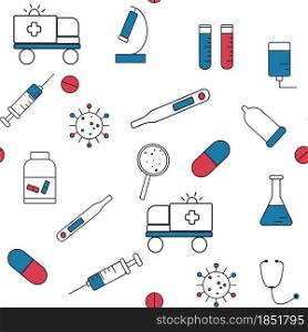 Medical pattern, vector illustration. Seamless background with pills, syringe, virus, test tube, ambulance Elements of medicine. Medical pattern, vector illustration.