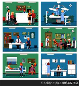 Medical personnel at work. Nurse doctor and patients in hospital interiors. Vector illustration. Interior of medical hospital, clinic room with patient and doctor. Medical personnel at work. Nurse doctor and patients in hospital interiors. Vector illustration