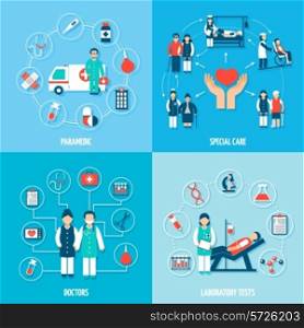 Medical personnel set with paramedic special care doctors and laboratory tests isolated vector illustration