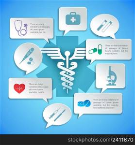 Medical pharmacy ambulance paper infographic with icons and speech bubbles vector illustration.