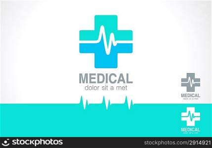 Medical pharmacy logo design template. Medic cross icon with cardiogram. Vector identity. Editable.