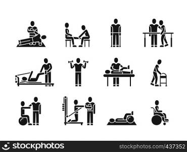 Medical physical therapy and people rehabilitation treatment black silhouette vector icons. Therapeutic and physiotherapy, recuperation and rehabilitation illustration. Medical physical therapy and people rehabilitation treatment black silhouette vector icons