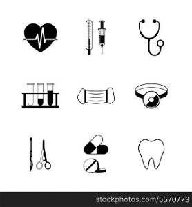 Medical pictogram collection of tube tooth heart pill isolated vector illustration