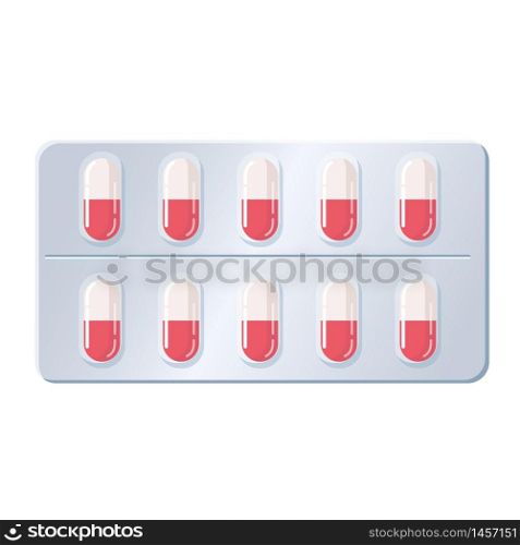 Medical pill blister with capsules colorfuul white and red. Medical pill blister with capsules colorfuul white and red. Template capsules on white background. Mockup packaging design. Vector illustration isolated