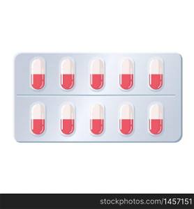 Medical pill blister with capsules colorfuul white and red. Medical pill blister with capsules colorfuul white and red. Template capsules on white background. Mockup packaging design. Vector illustration isolated