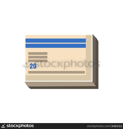 Medical pill box with blue label icon in cartoon style on a white background. Medical pill box with blue label icon
